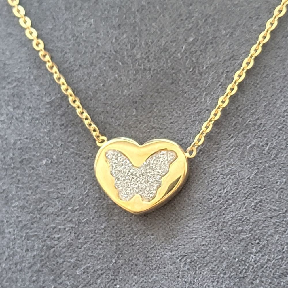 New Gold Sparkle Butterfly Heart Pendant Necklace